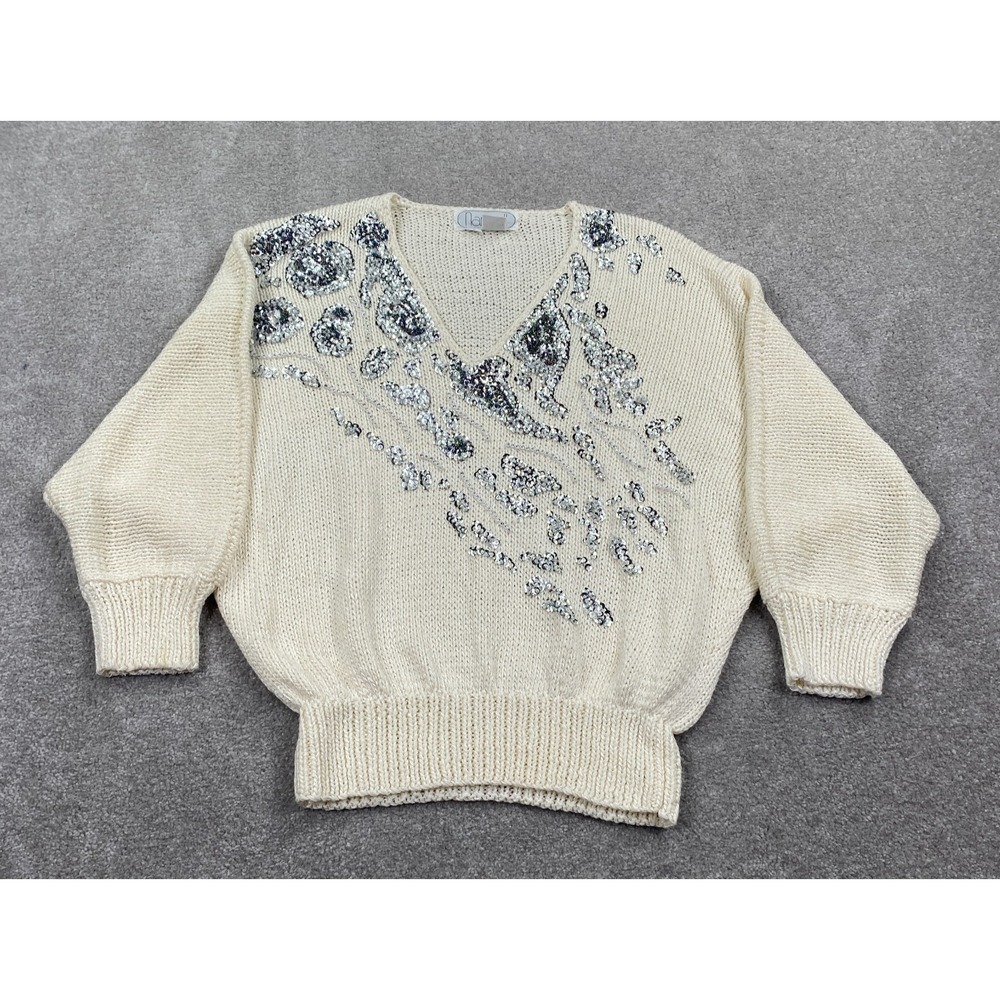Nannell Acrylic Knit Embellished Beaded V-Neck Sweater Women's Size‎ L Ivory